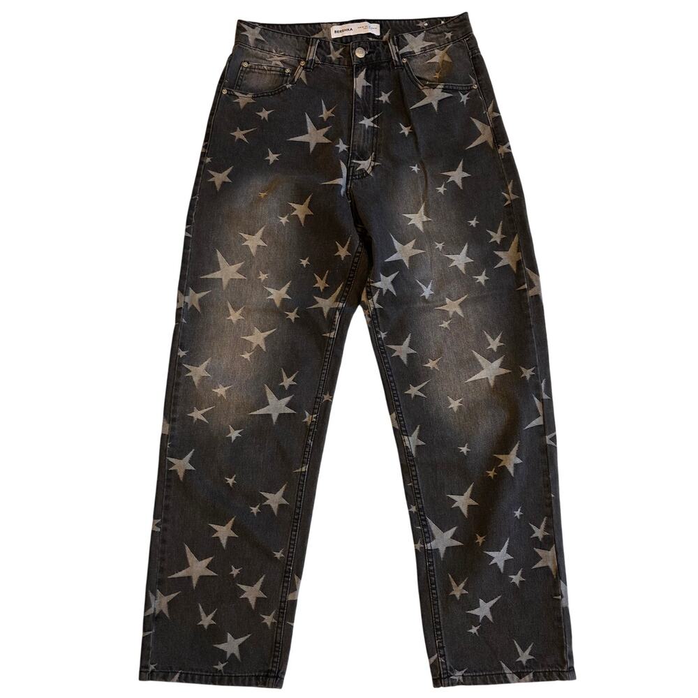 Bershka Star Print Straight Leg Jeans Washed Black USA 30